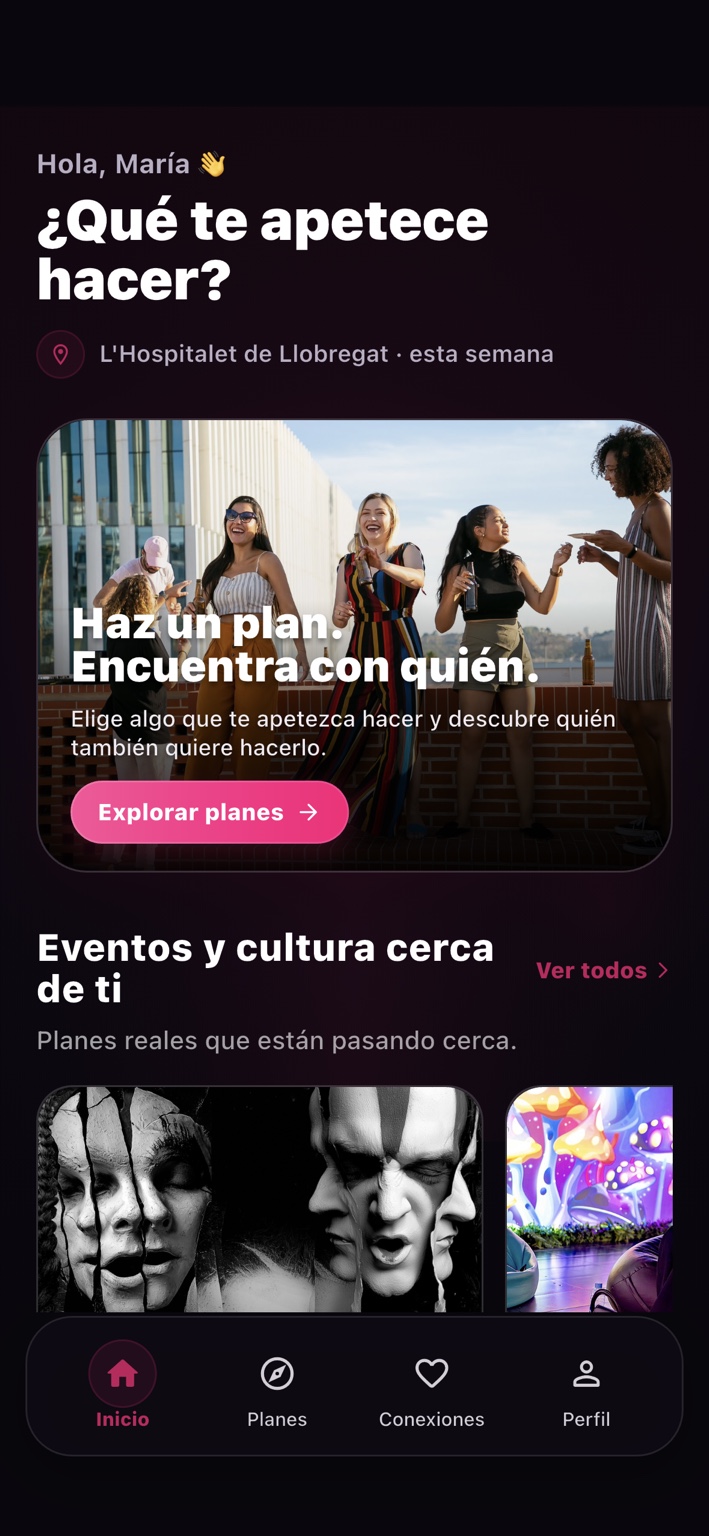 Pantalla real de inicio de TÚ SÍ con planes y eventos cerca