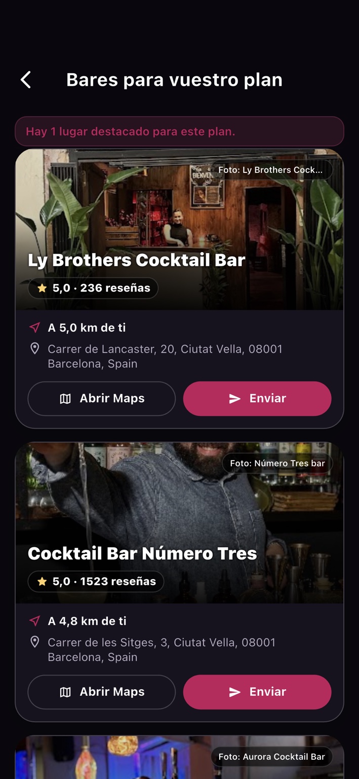 Pantalla real de TÚ SÍ con sugerencias de lugares para un plan